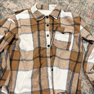 Cozy Plaid Button-Up Shirt Jacket in Camel & Ivory